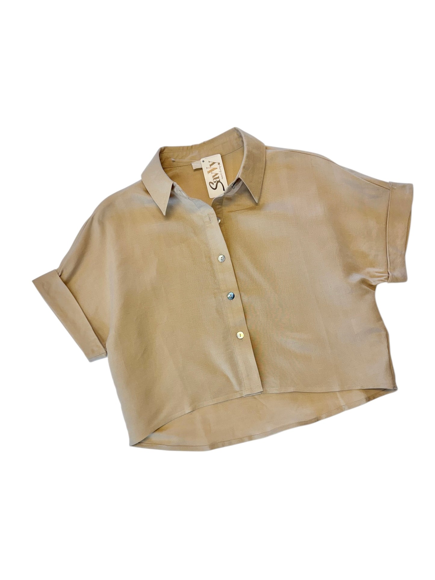 Short Sleeve Button Down Top in oatmeal by Elan