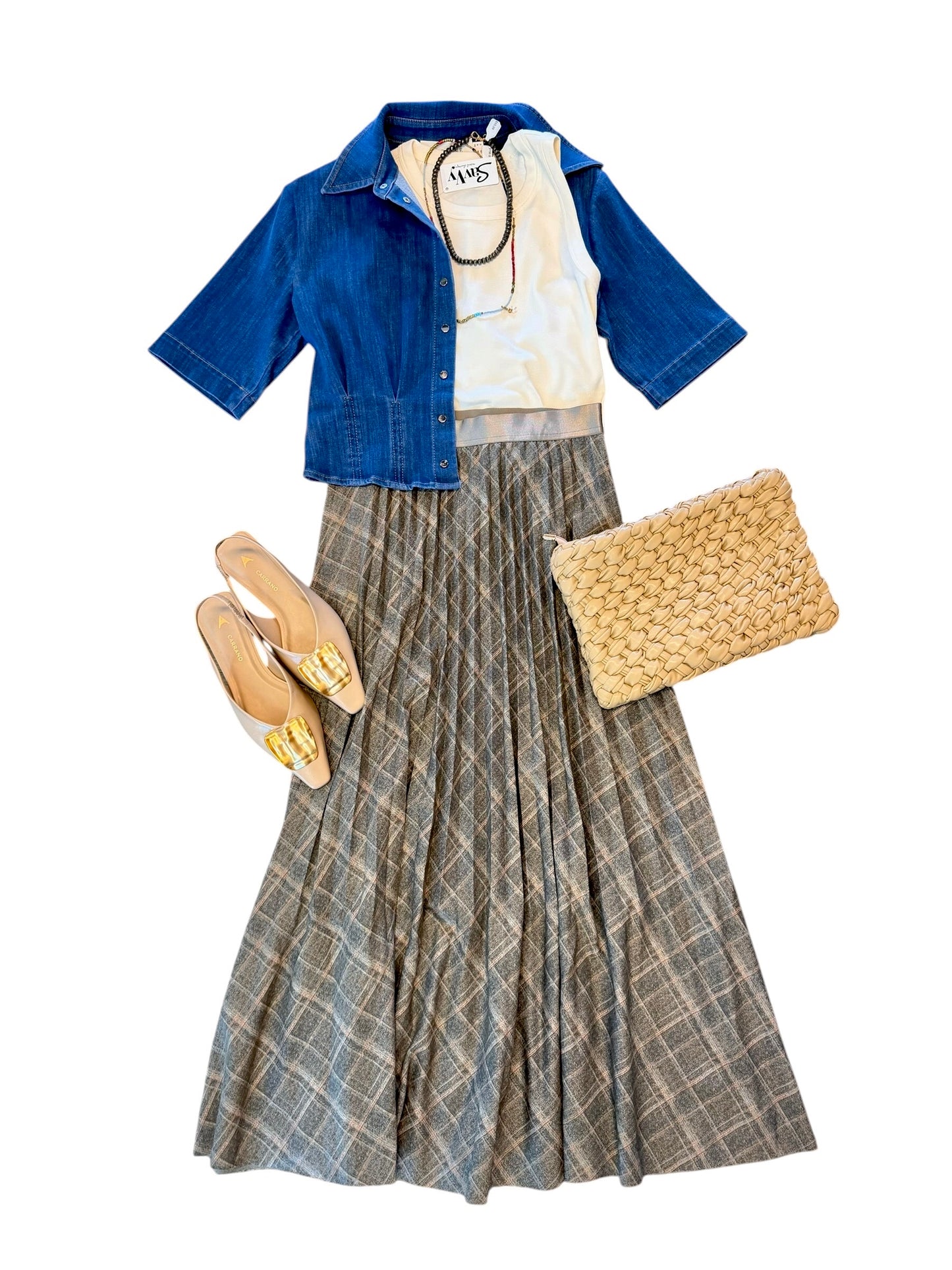 Sabrina Ponte Pleated Midi Skirt in smoked green plaid by Lysse