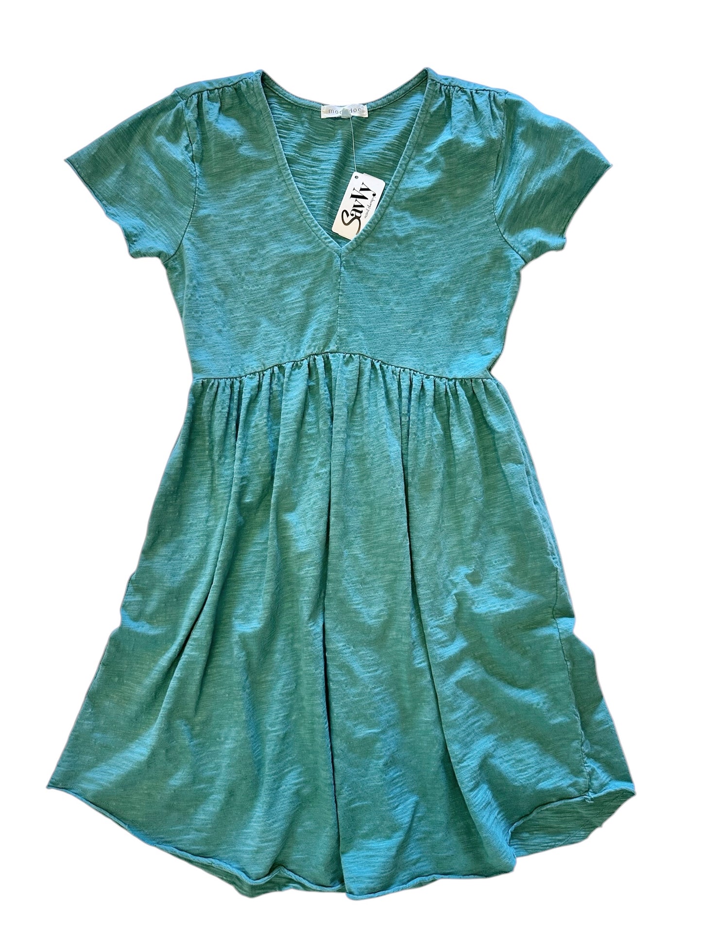 Short Sleeve V-Neck Shirred Dress in open water by Mododoc