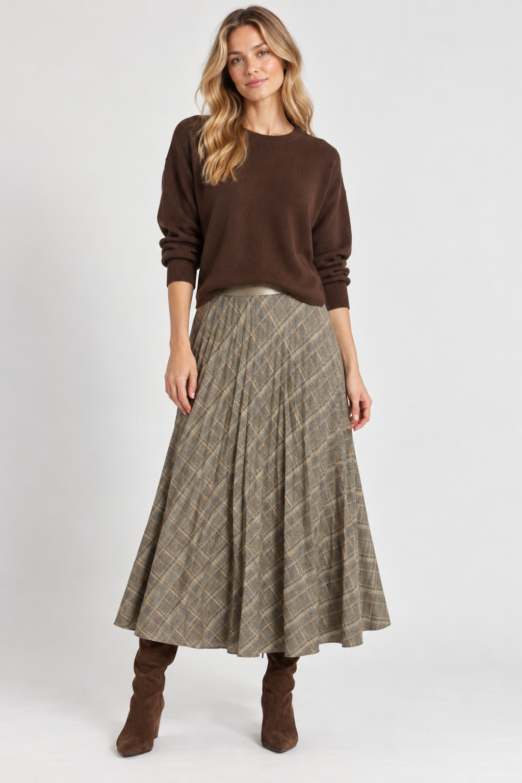 Sabrina Ponte Pleated Midi Skirt in smoked green plaid by Lysse