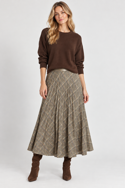 Sabrina Ponte Pleated Midi Skirt in smoked green plaid by Lysse