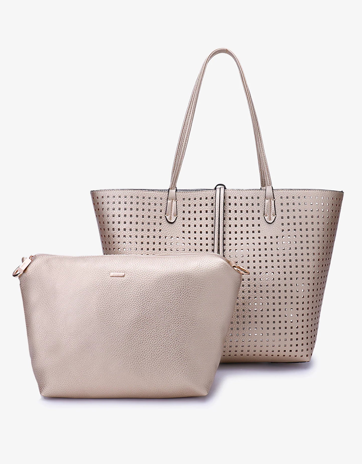 Departure Tote Perforated Square Bag in platinum/silver by Remi & Reid