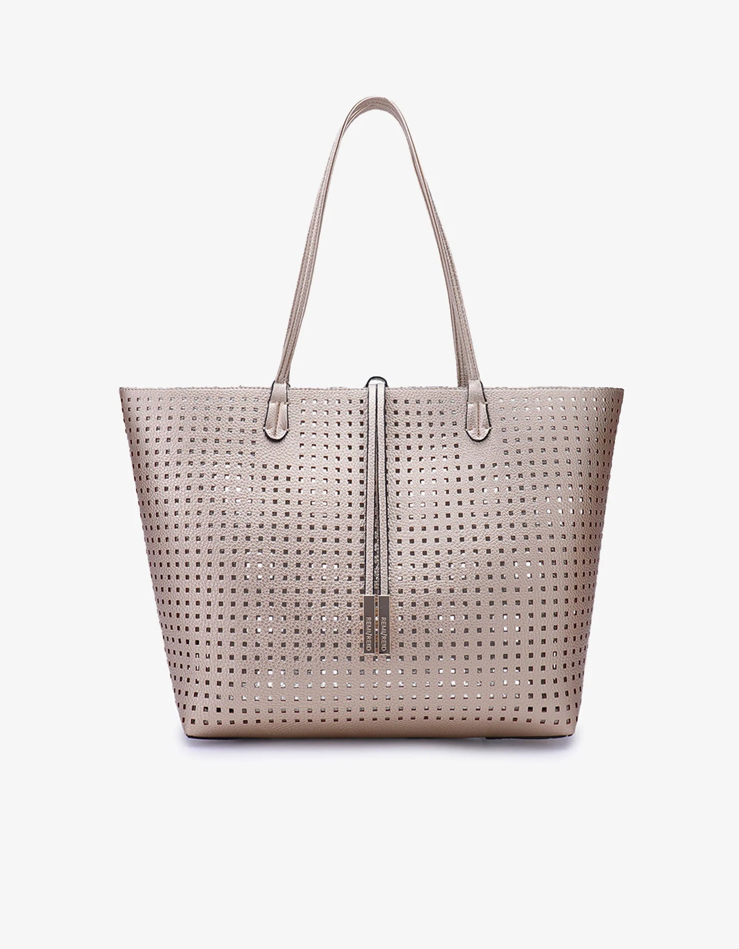Departure Tote Perforated Square Bag in platinum/silver by Remi & Reid