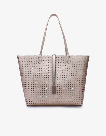 Departure Tote Perforated Square Bag in platinum/silver by Remi & Reid