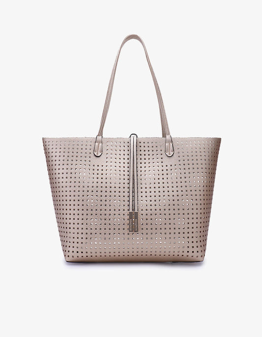 Departure Tote Perforated Square Bag in platinum/silver by Remi & Reid