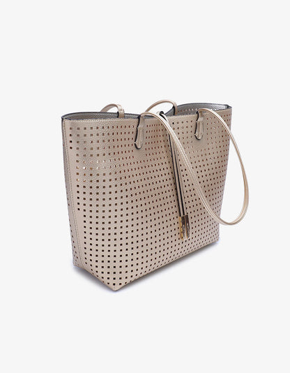 Departure Tote Perforated Square Bag in platinum/silver by Remi & Reid