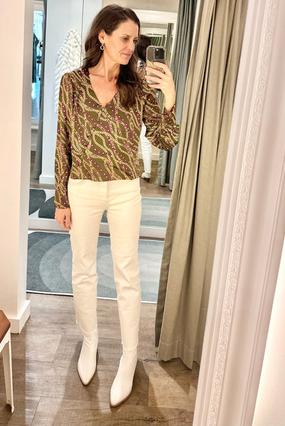 V-Neck Surplus Button Down Printed Blouse in olive/wine by Current Air