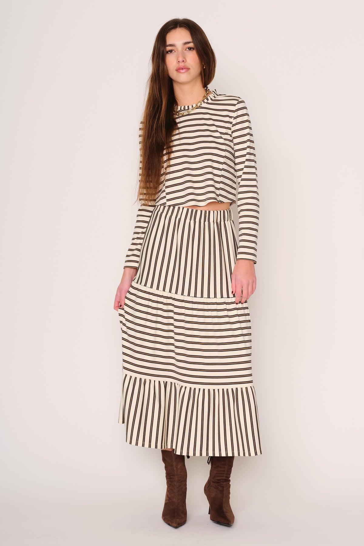 Aviana Long Sleeve Top in bone moss stripe by dRA