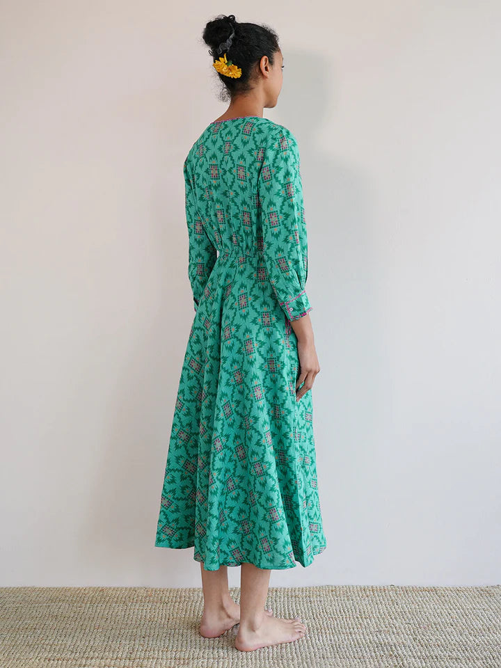 Azurite Linen Dress in green ikat by Nimo