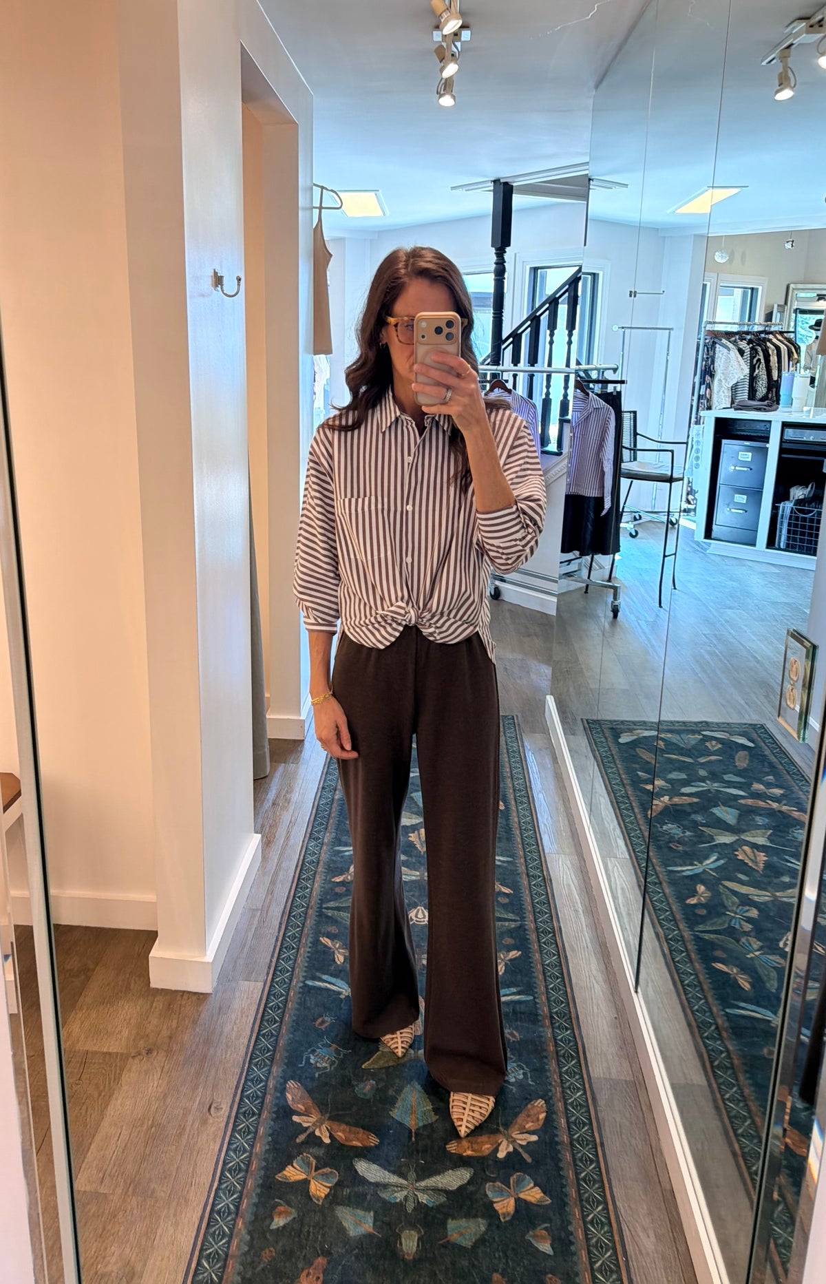 Dolman Sleeve Button Down Shirt in chestnut stripe by Lilla P
