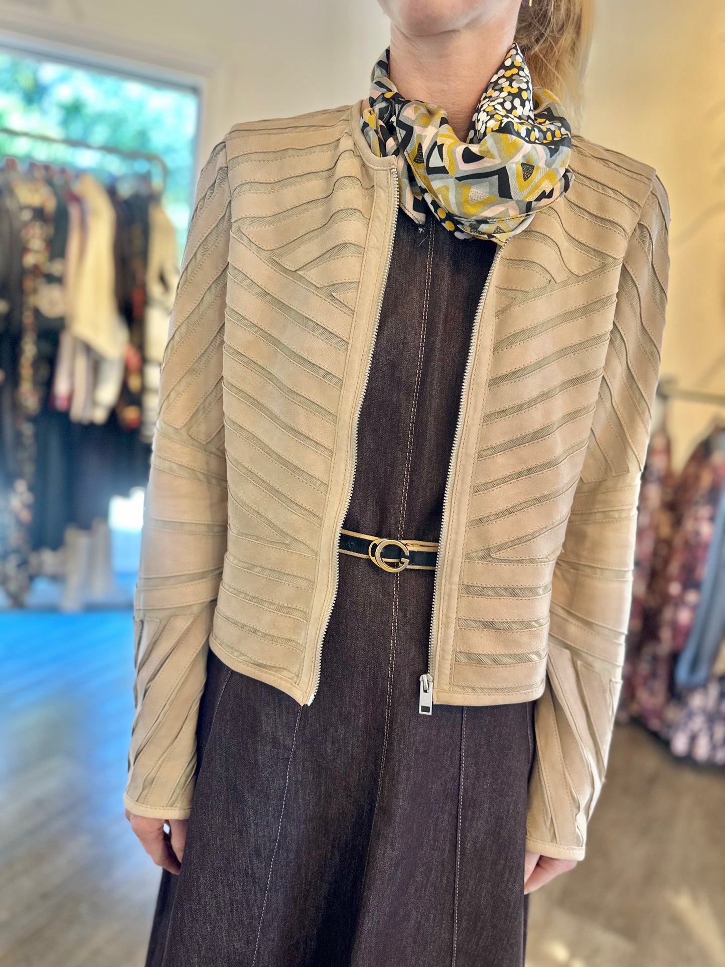 Yva RF Leather Jacket in beige by Mauritius