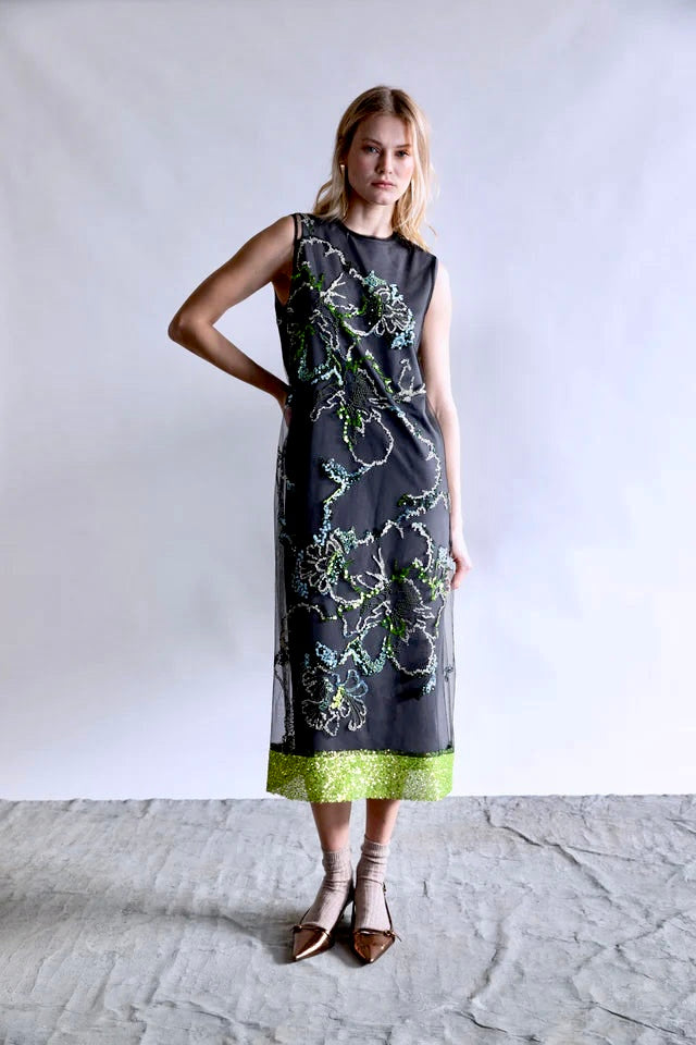 Sleeveless Floral Sequins Maxi Dress in green by Psophia