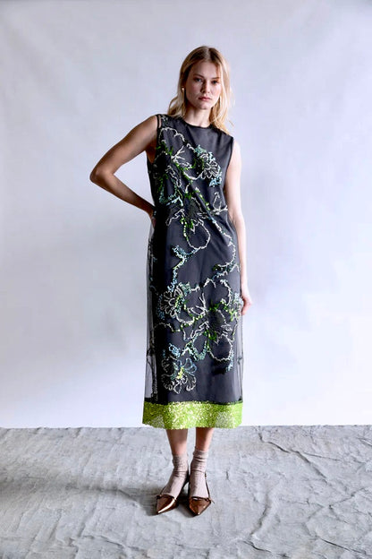 Sleeveless Floral Sequins Maxi Dress in green by Psophia