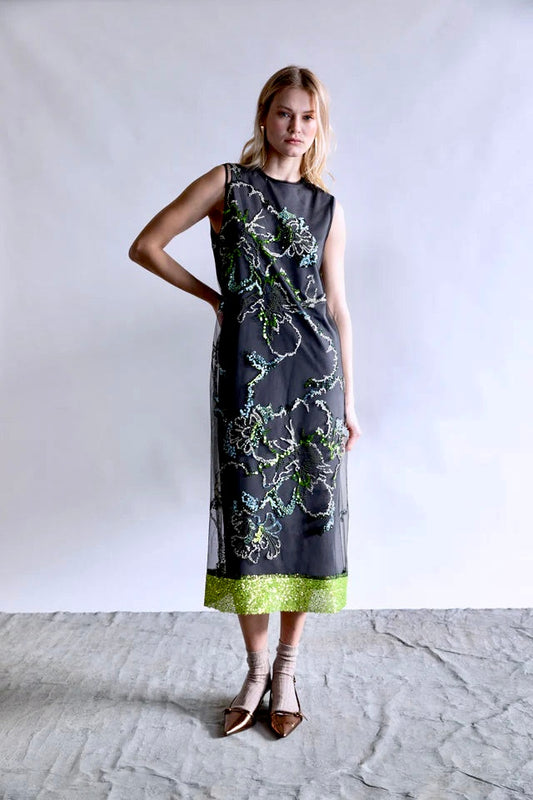 Sleeveless Floral Sequins Maxi Dress in green by Psophia