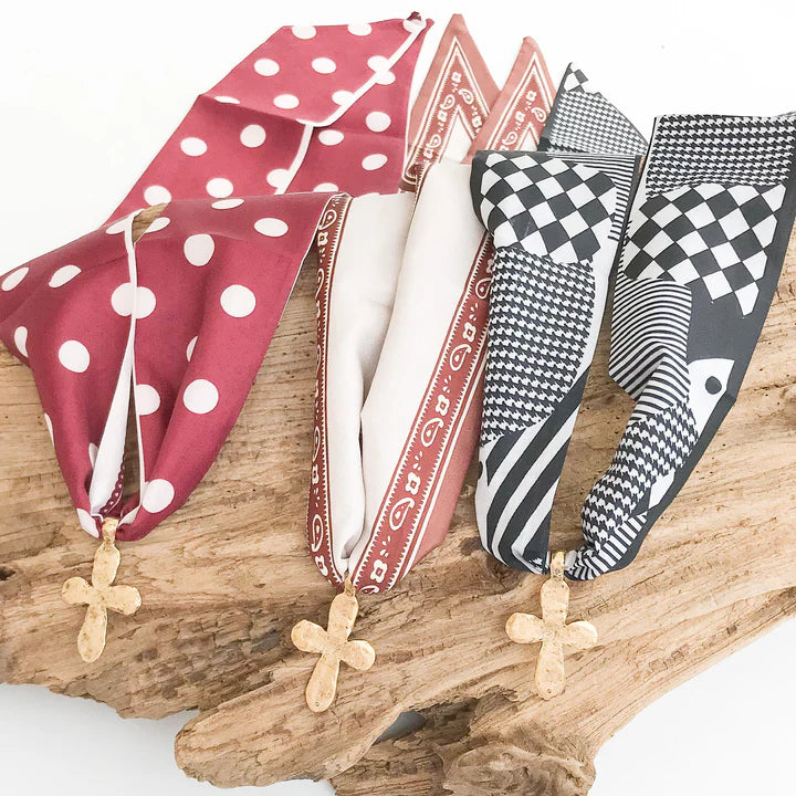 Long Tail Cross on Scarf in chocolate paisley by Virtue