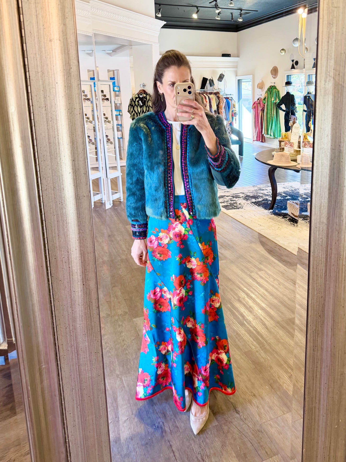 Serena Skirt in holiday chintz teal by Elizabeth James