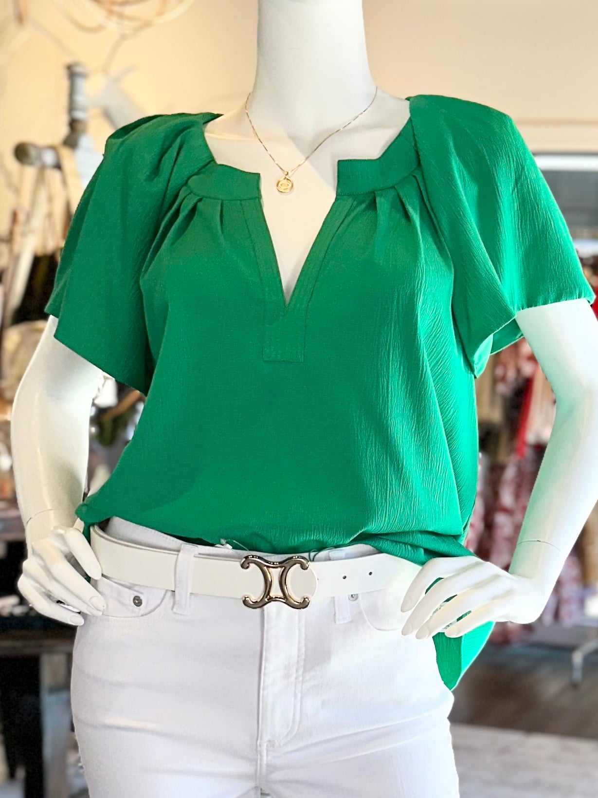 Short Sleeve Split Neck Blouse in jade green by Current Air