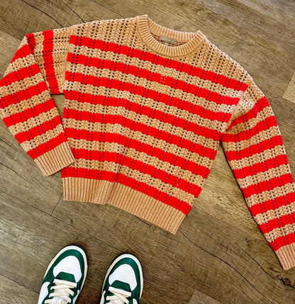 Stripe Stitch Sweater in acorn/scarlet by Lilla P
