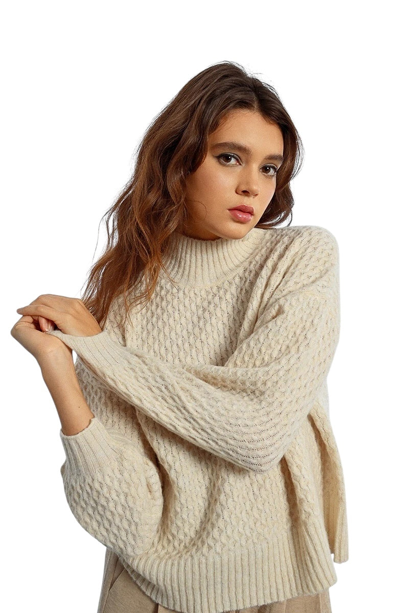 Mock Neck Knit Sweater in beige by Molly Bracken