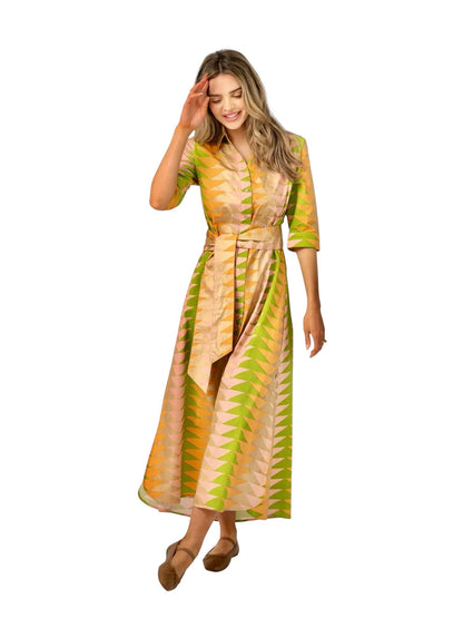 Eloise Maxi Dress in yellow bagru triangle sunrise by Beau & Ro