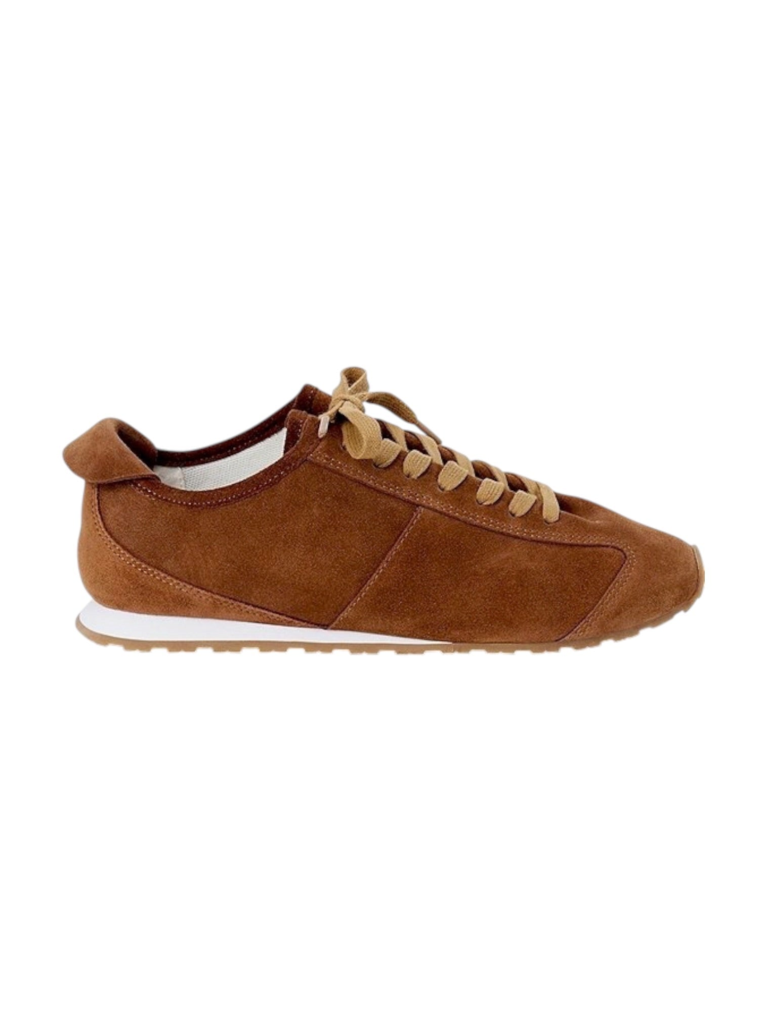 Brown faux suede sneaker against white studio background