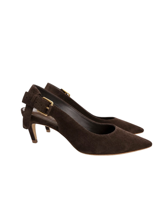 Irida Sling Back Leather Suede Heel in brown by Carrano