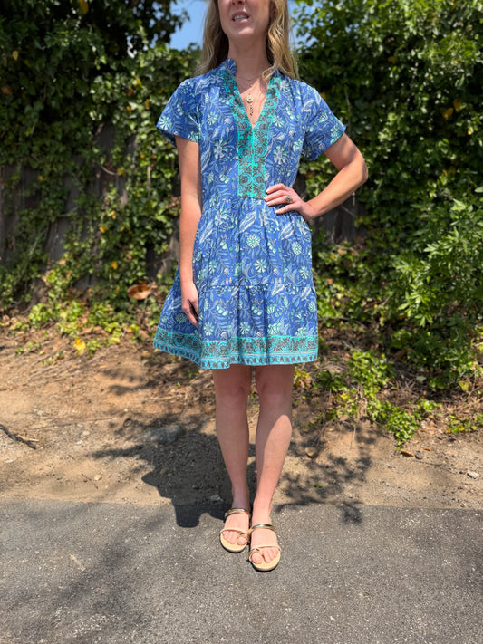 Alison Shortsleeve Floral Block Print Dress in blue/turquoise by La Plage