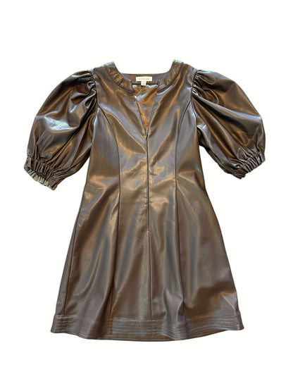 Vegan Leather Split Neck Puff Sleeve Dress in chocolate by Stellah