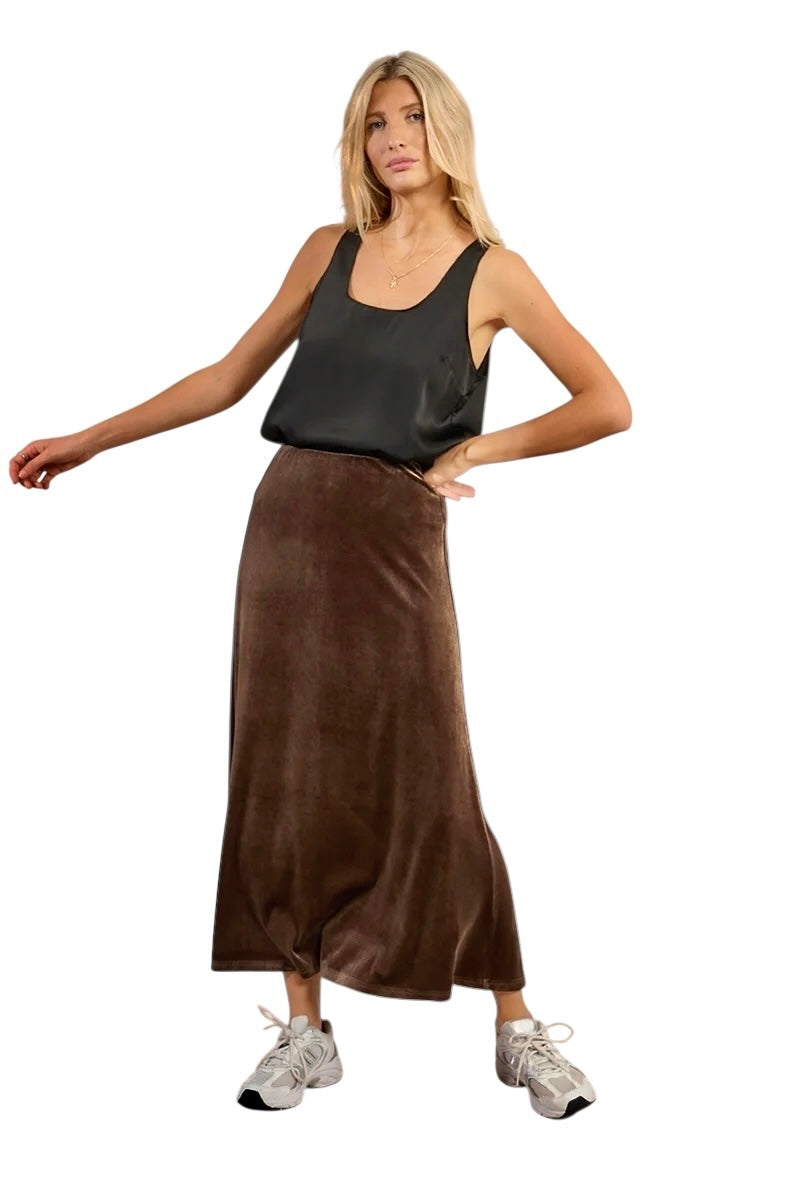 Velvet Maxi Skirt in brown by Molly Bracken