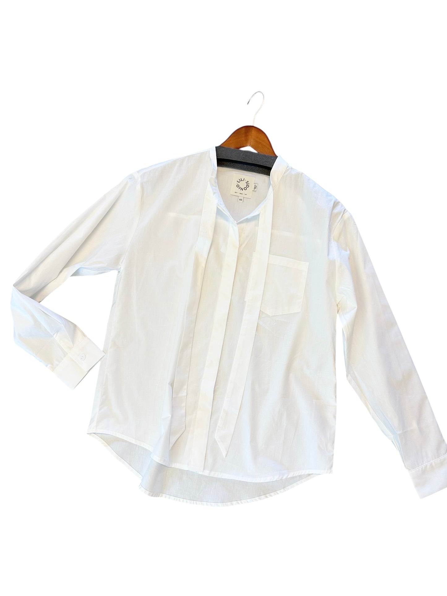 Long Sleeve Button Up Blouse with Bow Detail in white by Molly Bracken