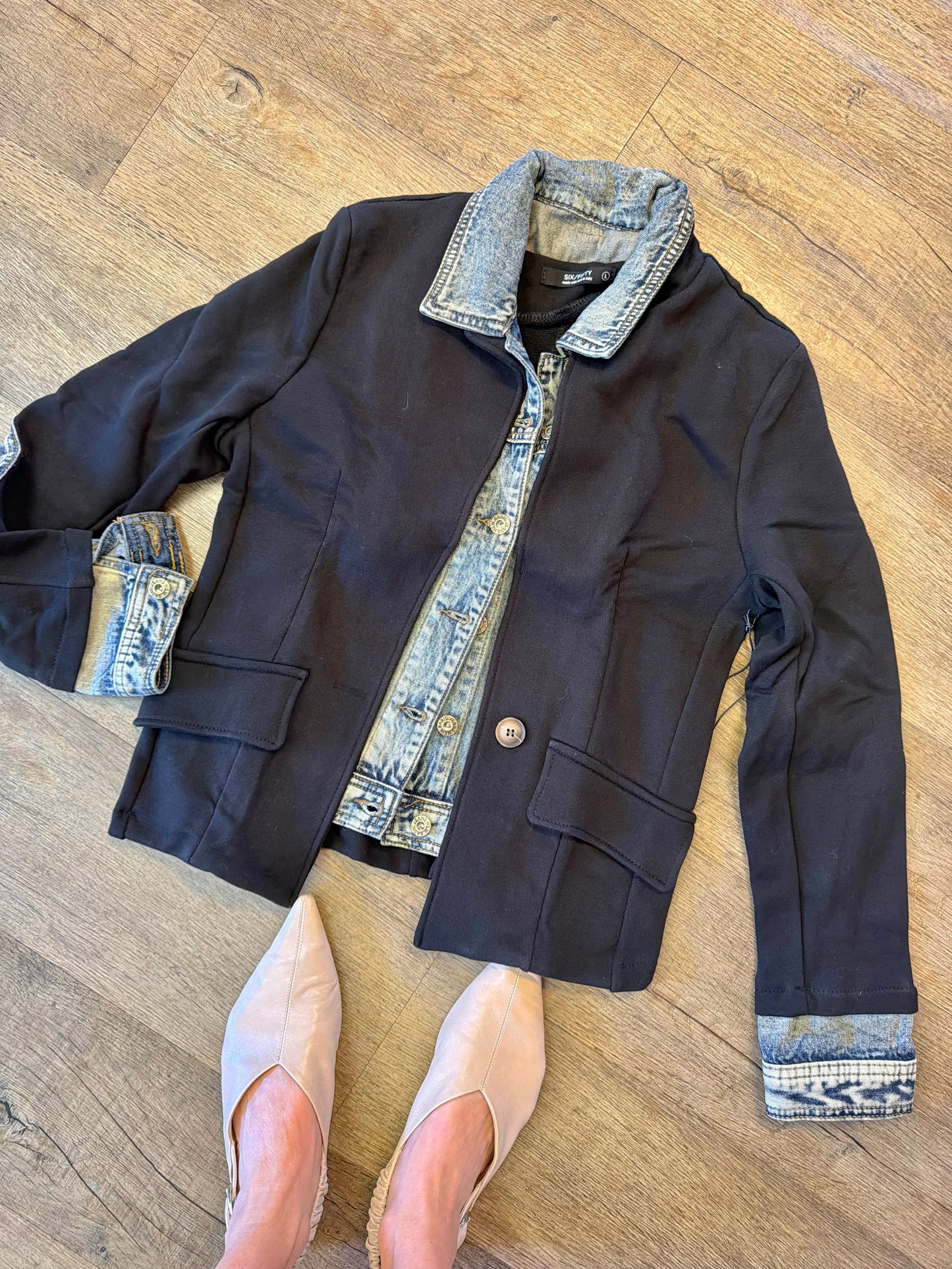 Clarissa Mixed Media Blazer in black by Six Fifty