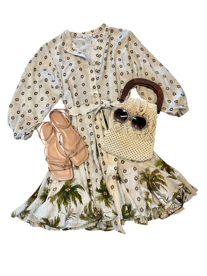 Printed Swing Dress with Coordinating Sash in sand by Current Air