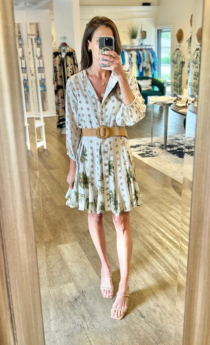 Printed Swing Dress with Coordinating Sash in sand by Current Air