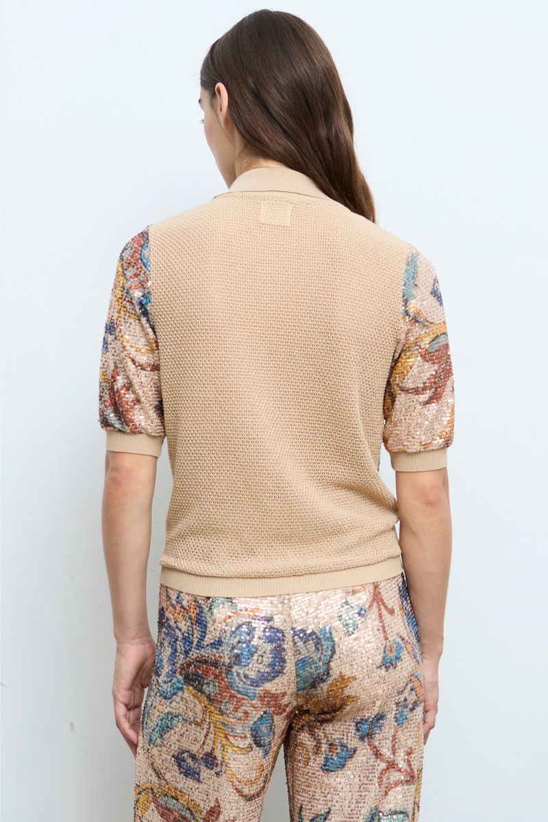 Sequin Front Button Up Sweater in beige by Aldo Martins