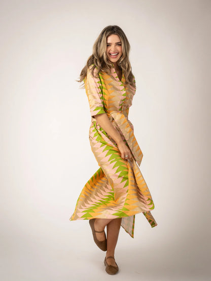 model wearing printed Eloise dress with fabric movement 