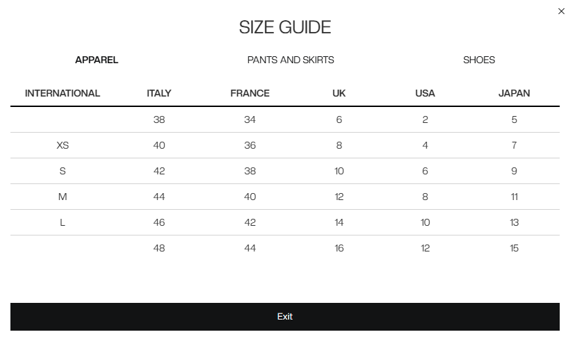 ottod'ame european sizing chart