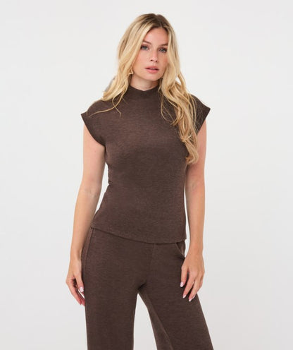 Sleeveless Mock Neck Knit Top in cacao by Esqualo
