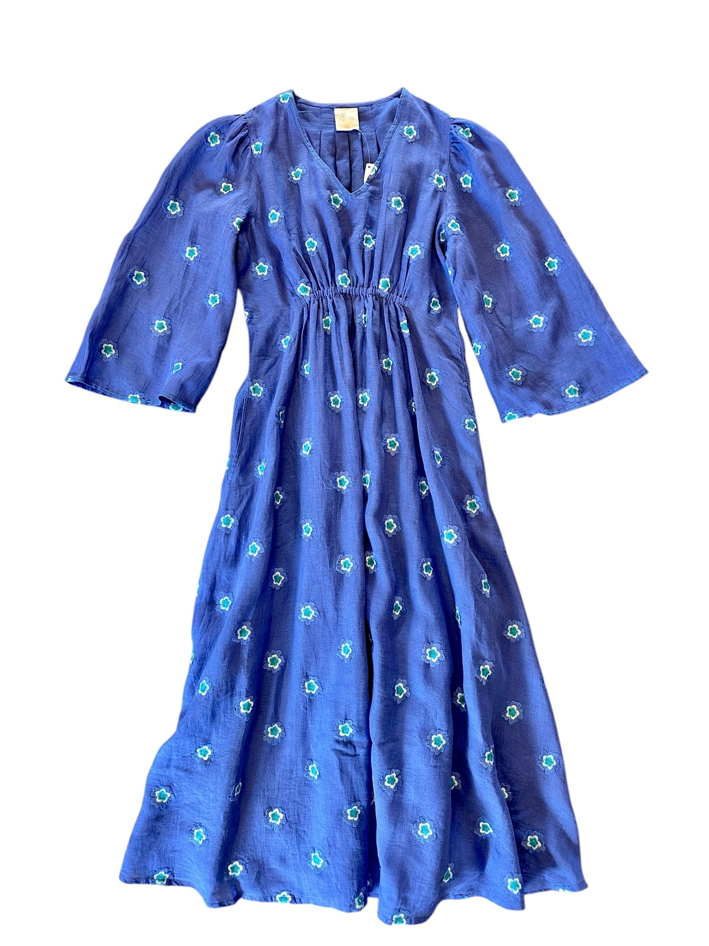 Apple Embroidered Flowers Linen Dress in blue/petrol by Nimo