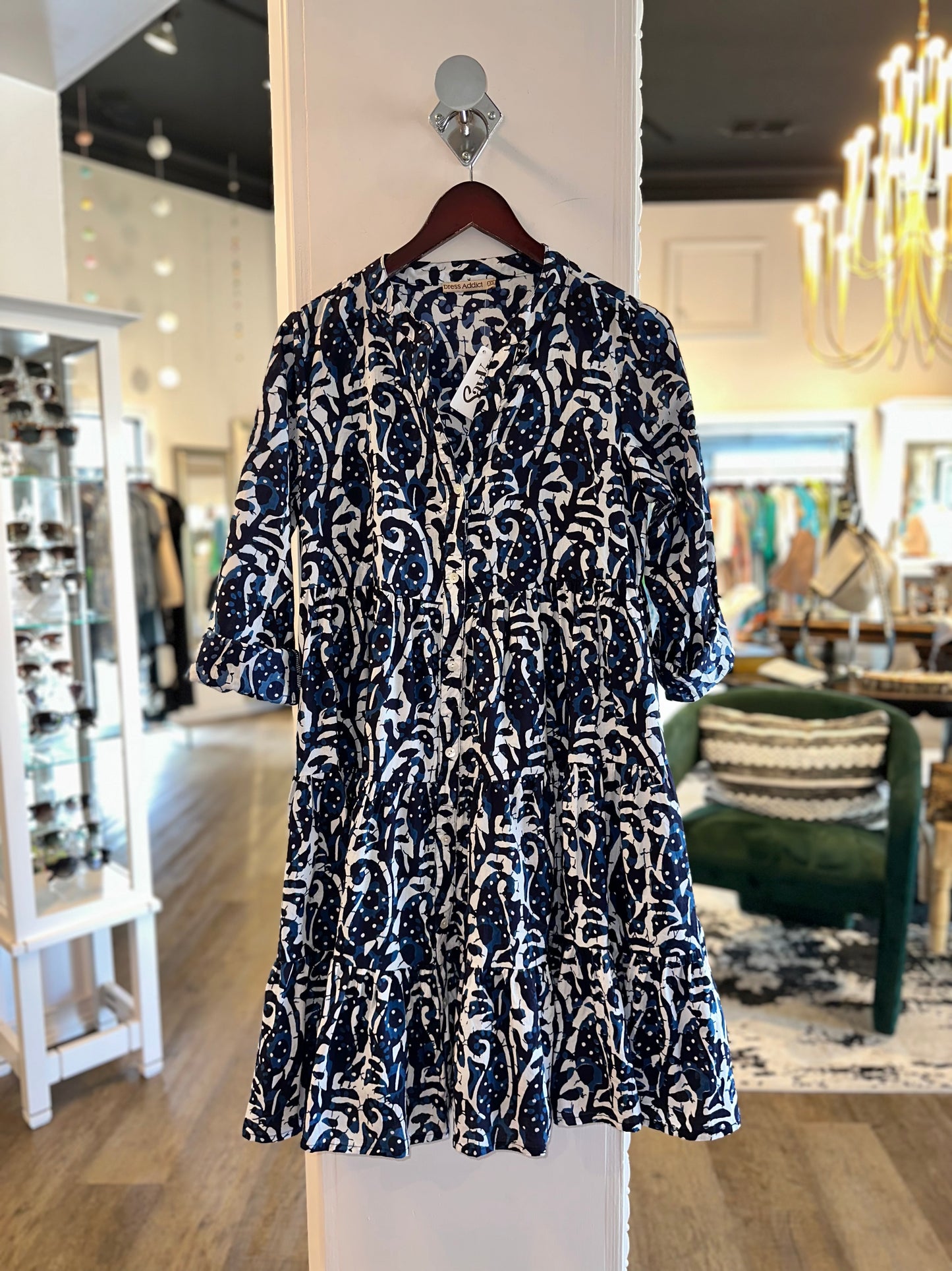July 3/4 Sleeve Short Printed Dress in blue/white by Dress Addict