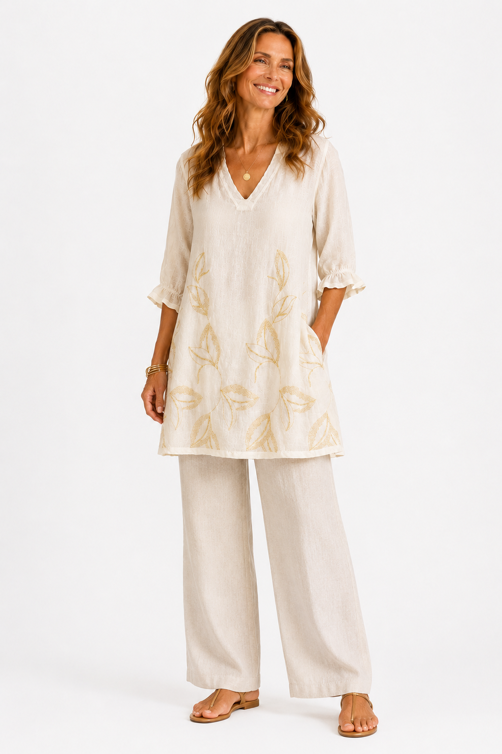 Embroidered Linen Dress in ecru/gold by Haris Cotton