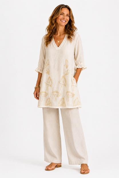 Embroidered Linen Dress in ecru/gold by Haris Cotton