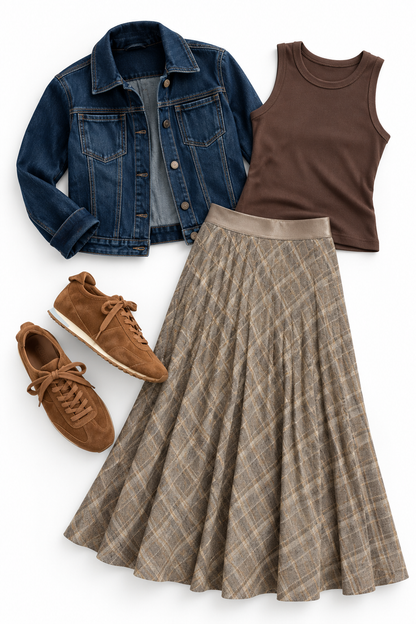 Sabrina Ponte Pleated Midi Skirt in smoked green plaid by Lysse