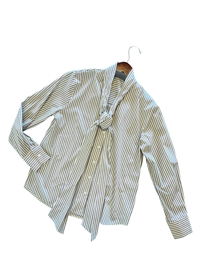 Stripe Neck Tie Blouse in grey by B-YU