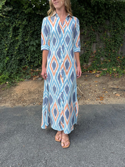 Eloise Sundown Ikat Dress in blue by Beau & Ro