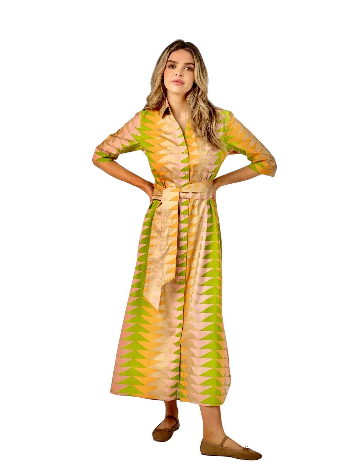Eloise Maxi Dress in yellow bagru triangle sunrise by Beau & Ro