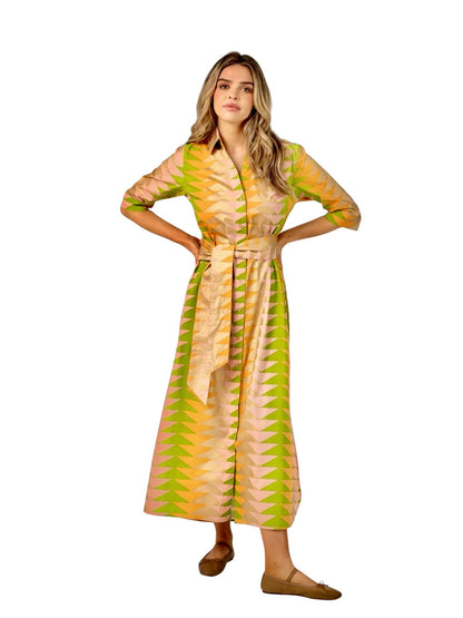 Eloise Maxi Dress in yellow bagru triangle sunrise by Beau & Ro