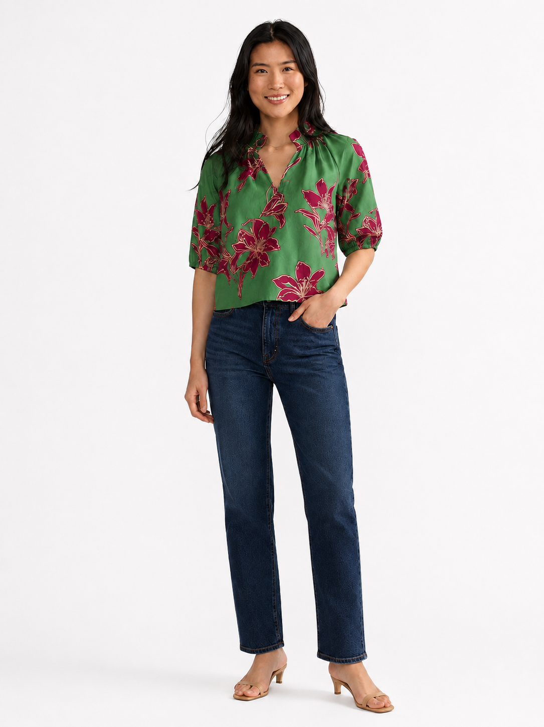 Trish Printed Top in verde ochid by Double A