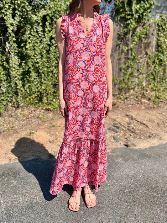 Christina Sleeveless Maxi Dress in pink/red floral by Fitzroy & Willa