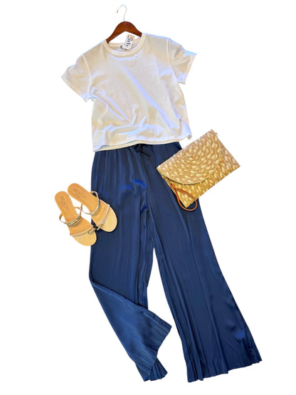 The Packable Pleated Palazzo Pant in capri blue by Lysse