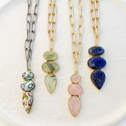 Triple Gemstone Pendant on XL Paperclip 18" Necklace in gold by Virtue